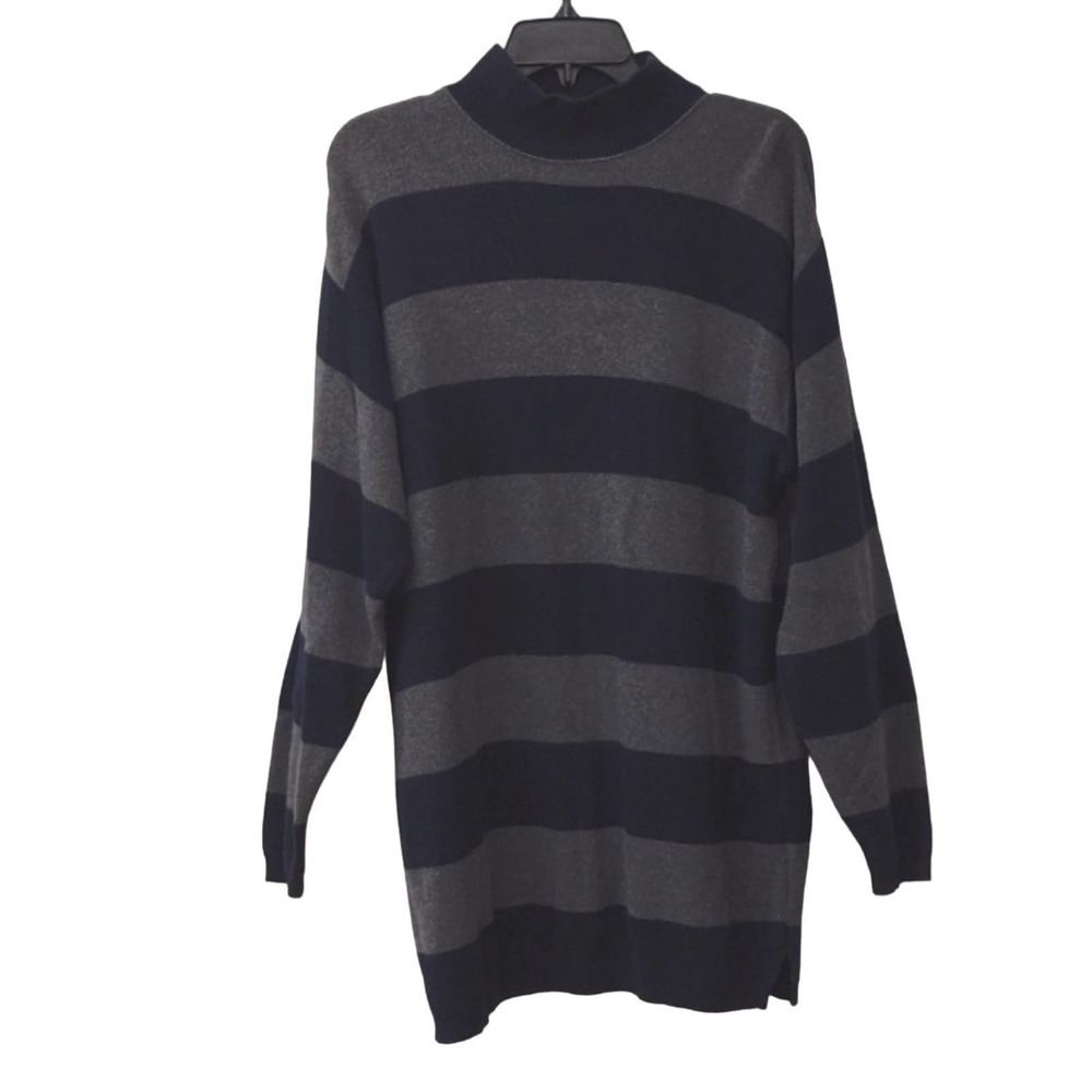 80s Eddie Bauer Navy and Gray Wide Striped Mock Neck Sweater Women's Medium